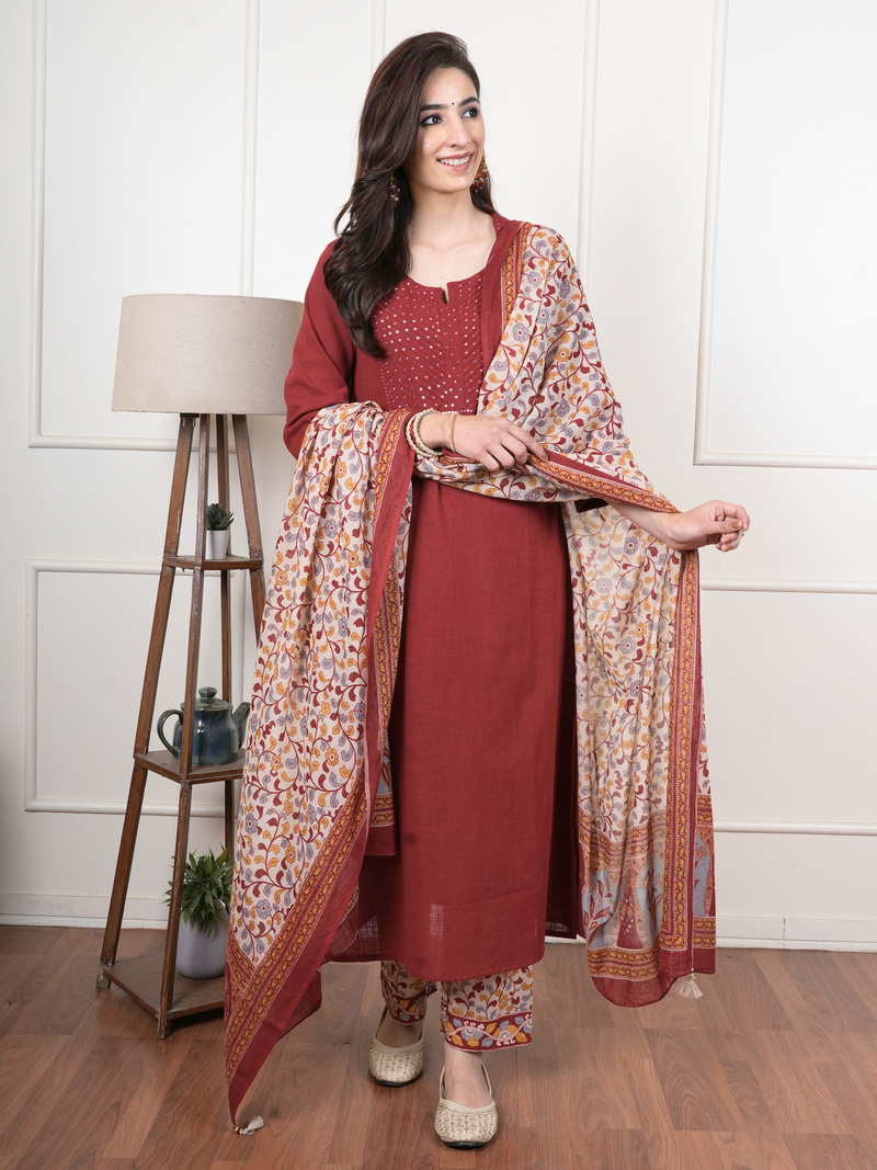 Maroon Cotton Round Neck Complete Suit Set For Women's