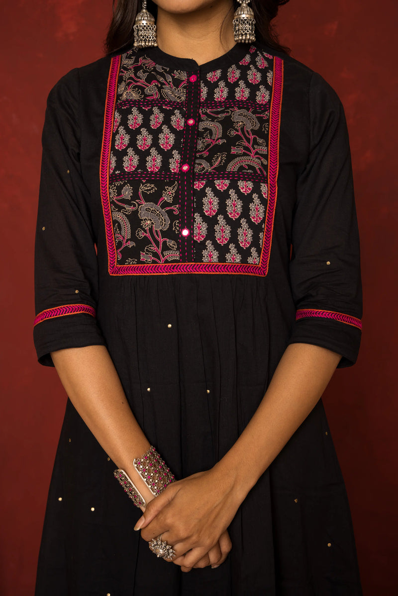BLACK COTTON COLLAR NECK EMBROIDERY AND MIRROR WORK KURTA FOR WOMEN'S