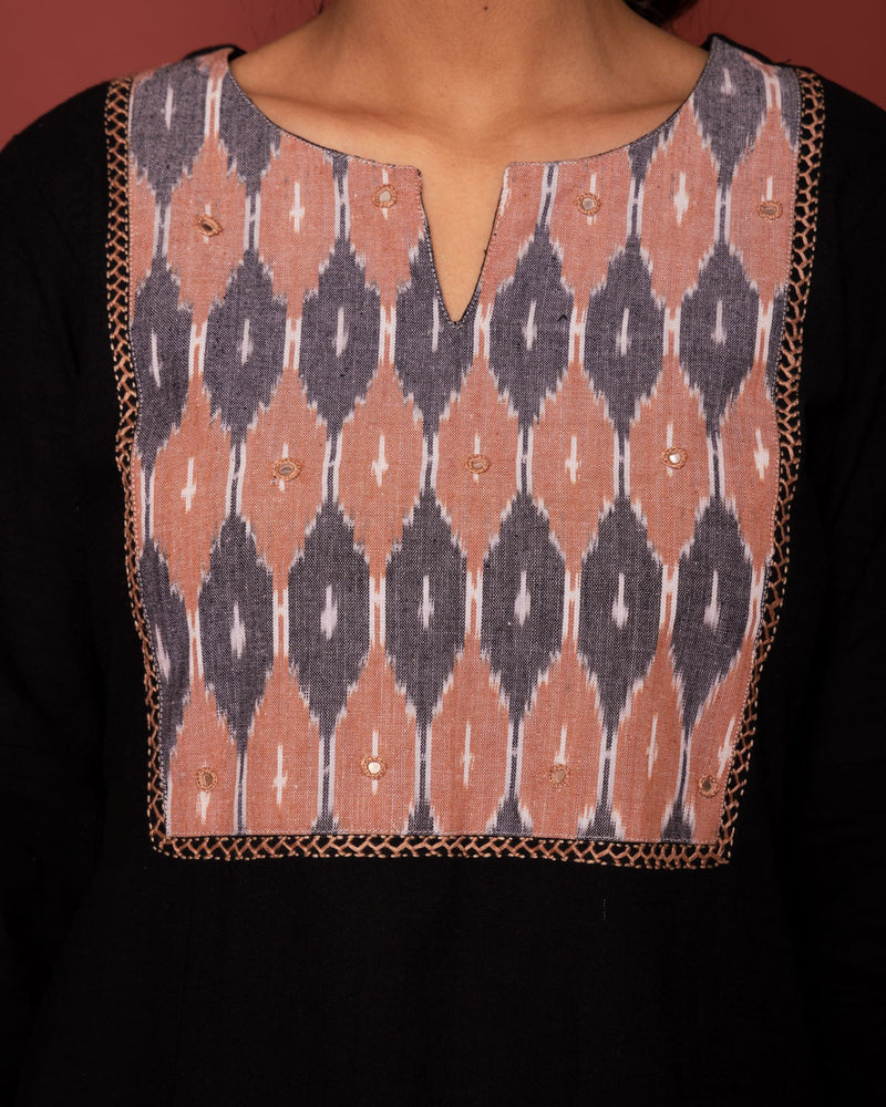 BLACK KURTA-COTTON FLEX PANT-IKKAT ROUND NECK MIRROR WORK WITH KATHA KURTA PANT SET