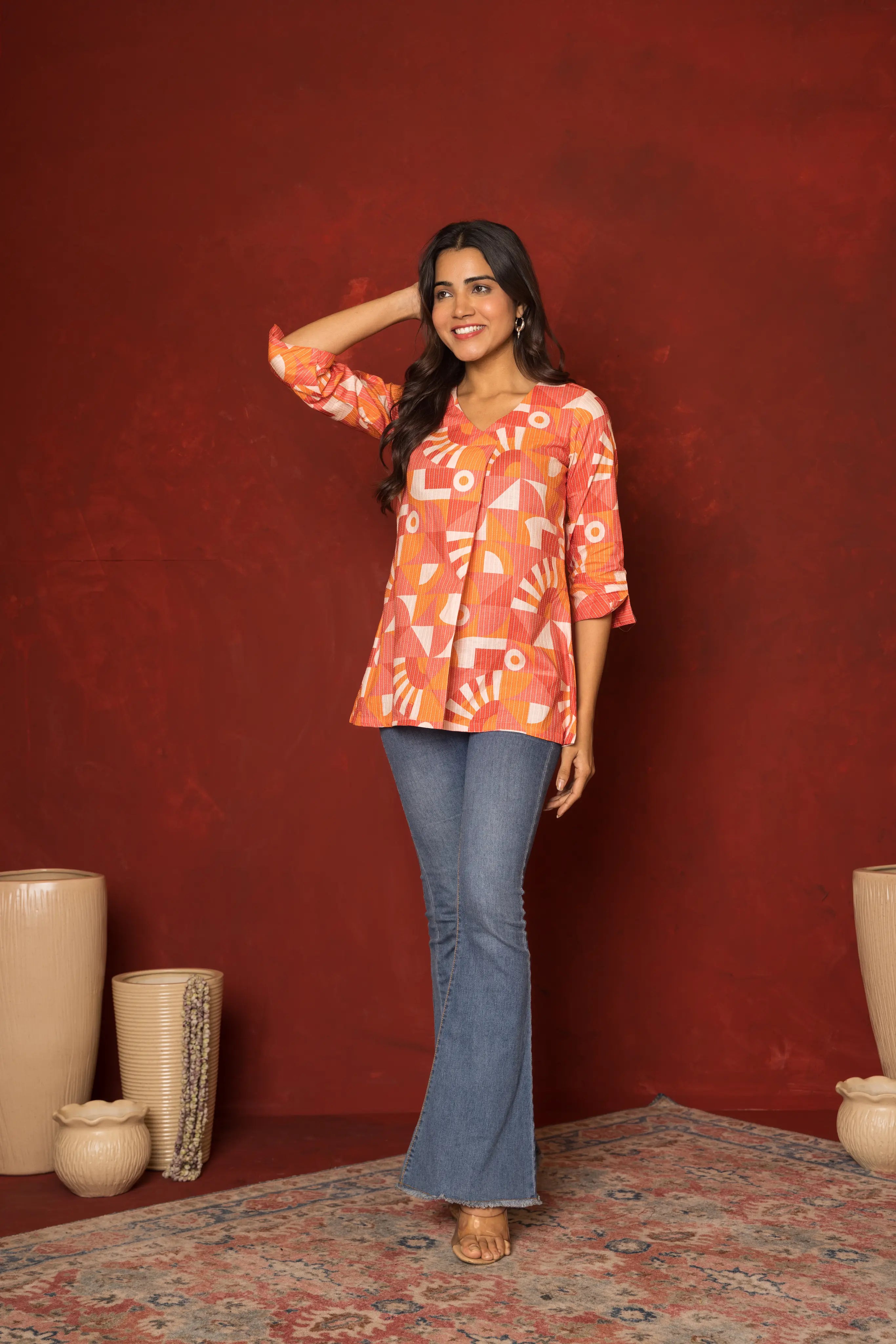 Orange Katha Dobby V-Neck Abstrack Short Top For Women's