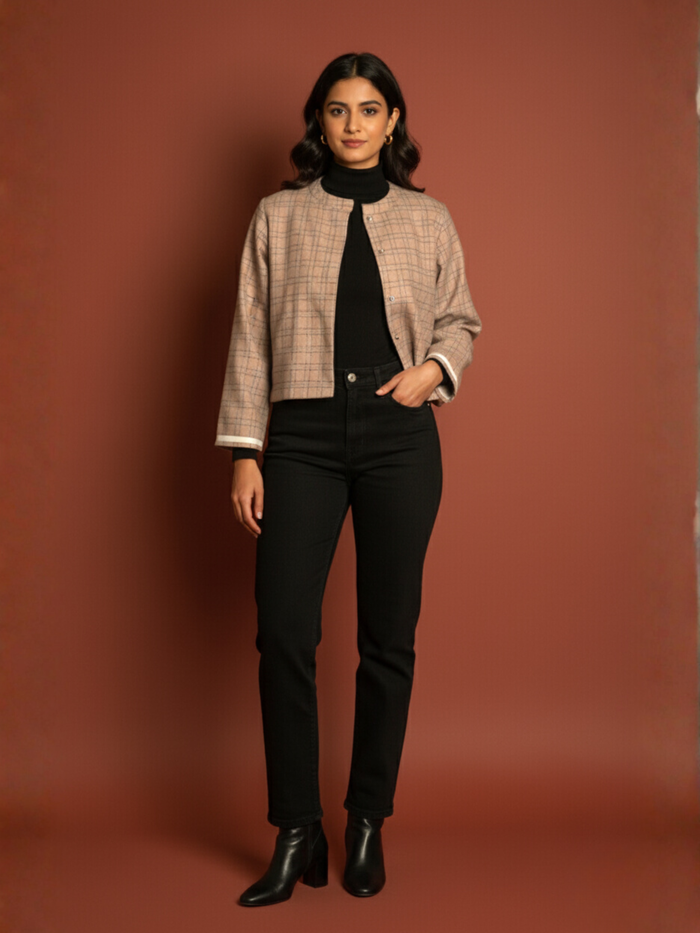 Pink Colour Merino Wool Round Neck Checkered Print Short Jacket For Women's