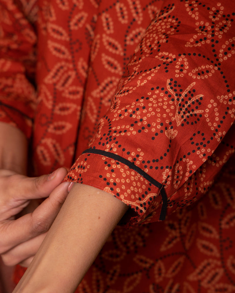 Rust Cotton Collar Bandhani Short Top For Women's