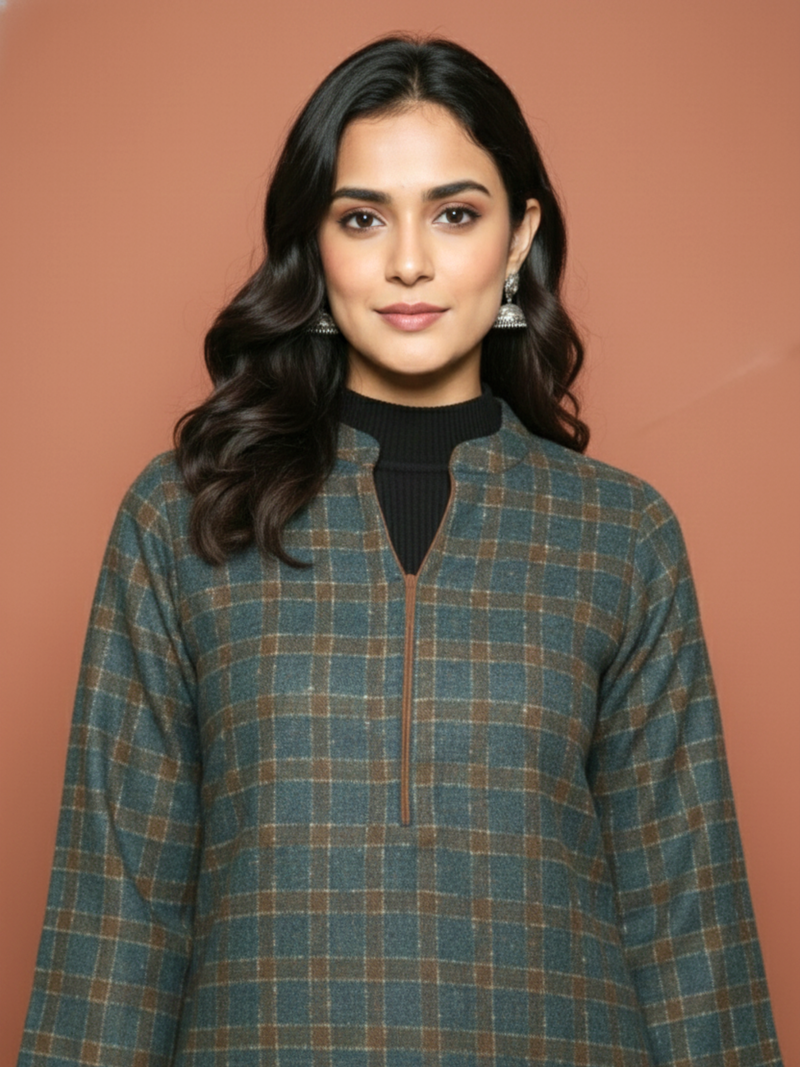 Forest Green Woolen Checkered Kurta