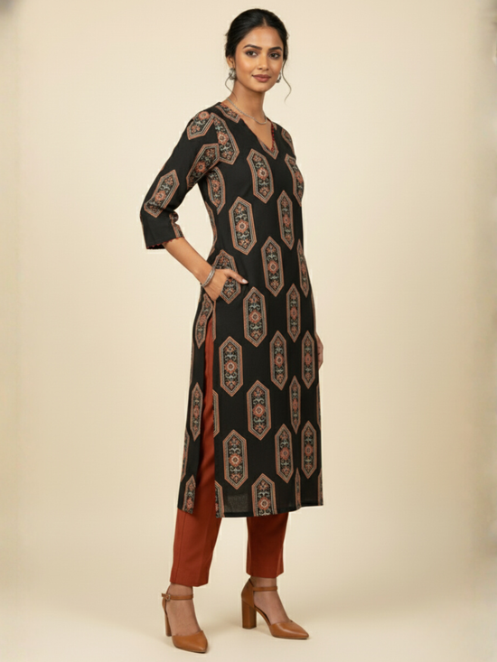 Black Colour Cotton V-Neck Abstract Print Bead Work Kurta For Women's