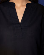 Black Cotton Linen Collar Co-Ord Set For Women's