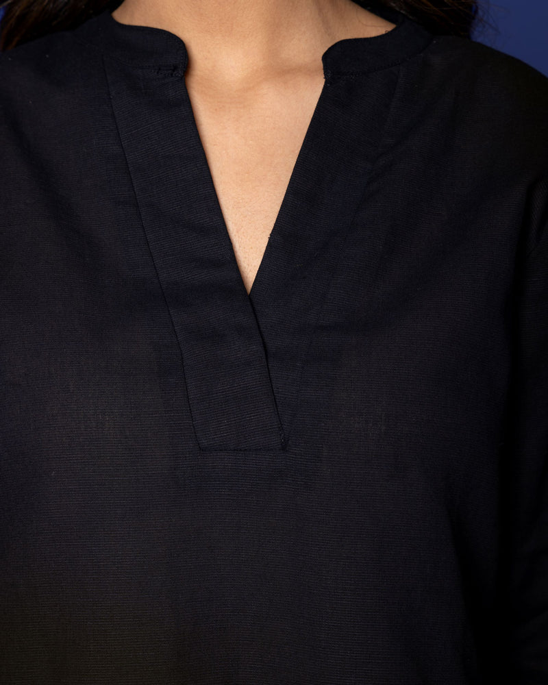 Black Cotton Linen Collar Co-Ord Set For Women's