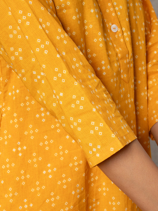 Yellow Colour Cotton Collar Neck Bandhani Print Kurta For Women's