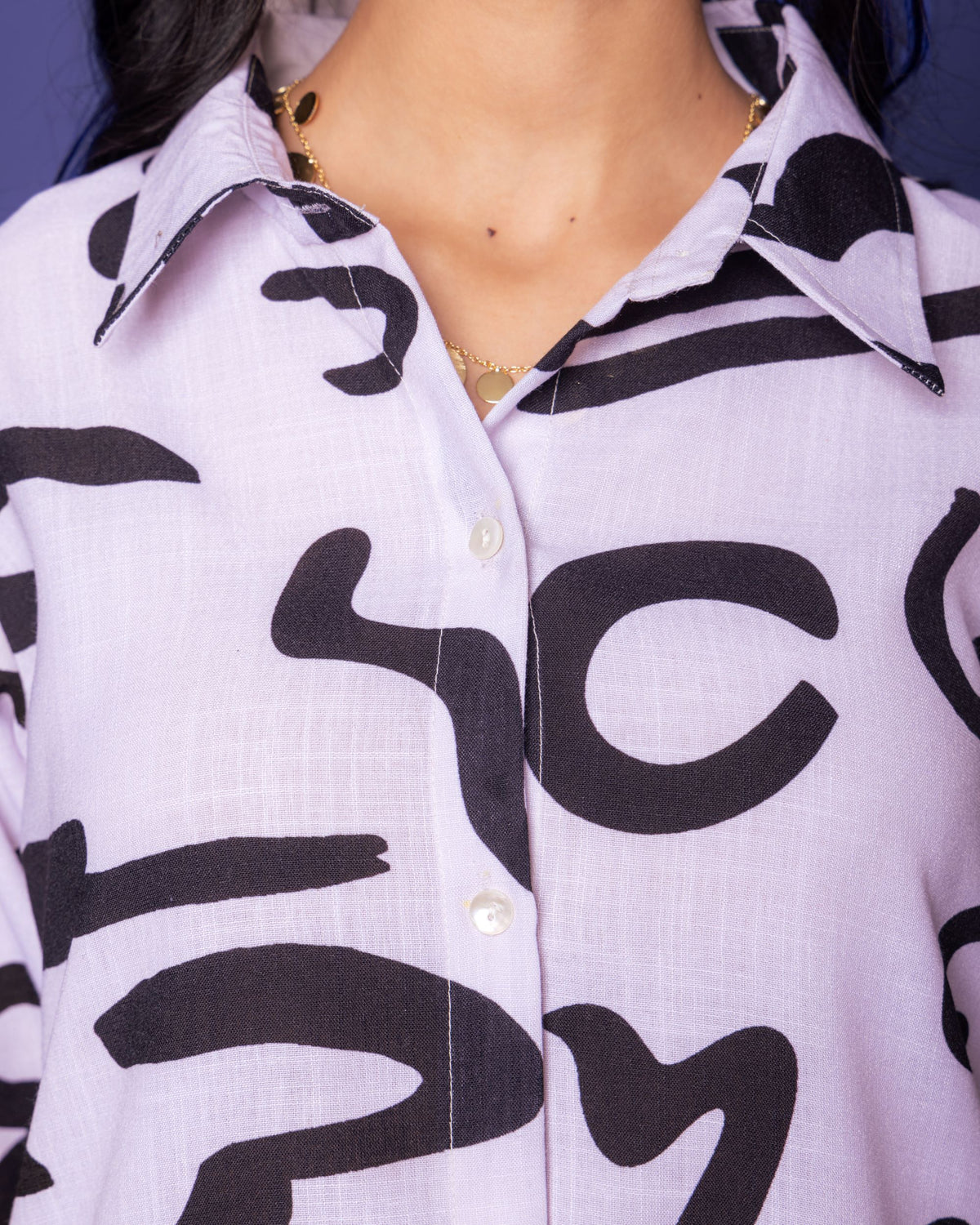 White Linen Blend Shirt Collar Abstract Print Co-Ord Set For Women's