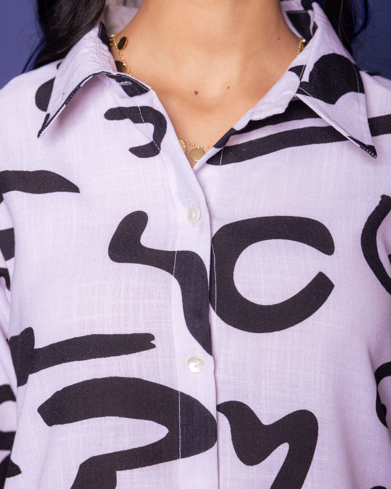 White Linen Blend Shirt Collar Abstract Print Co-Ord Set For Women's