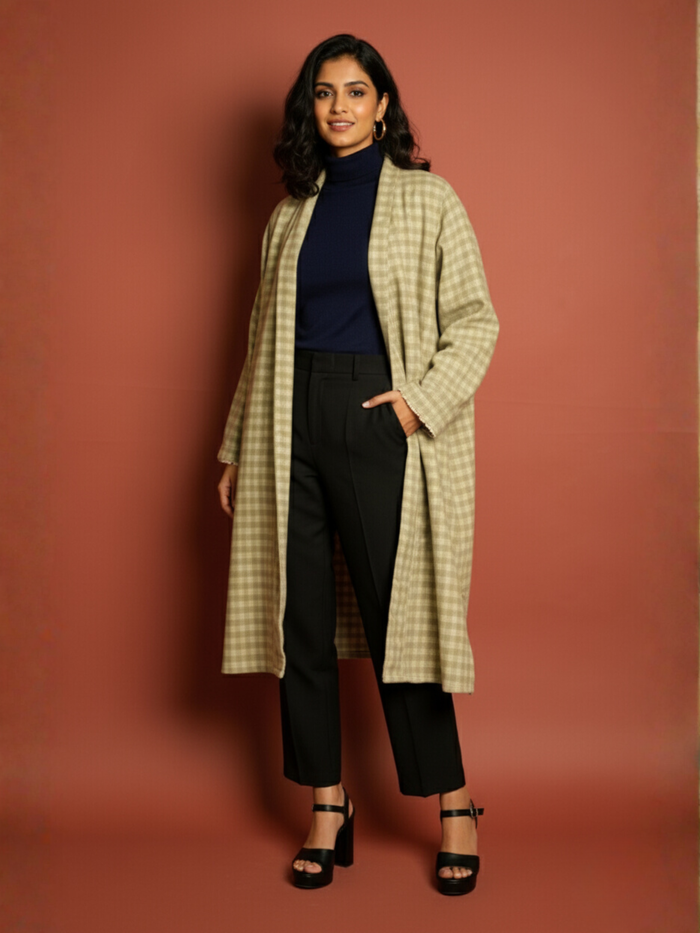 Light Green Colour Merino Wool Collar Checkered Print Long Jacket For Women's