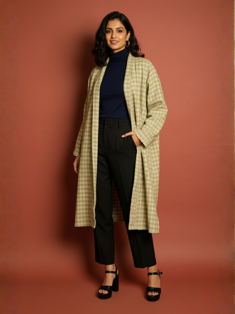 Light Green Colour Merino Wool Collar Checkered Print Long Jacket For Women's