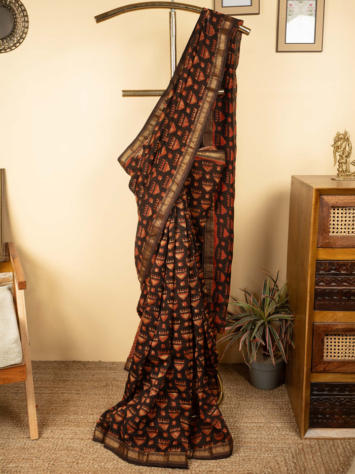 Black Color Chanderi Block Printed Saree
