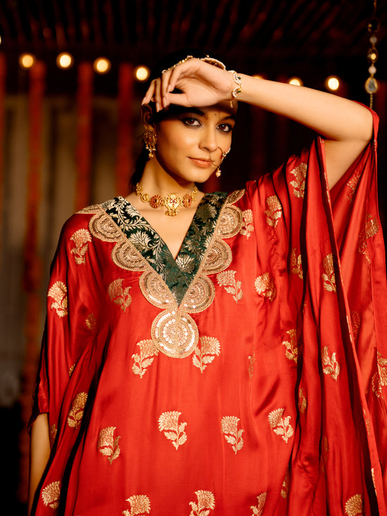 Red Cotton Silk V-Neck Kaftan For Women's