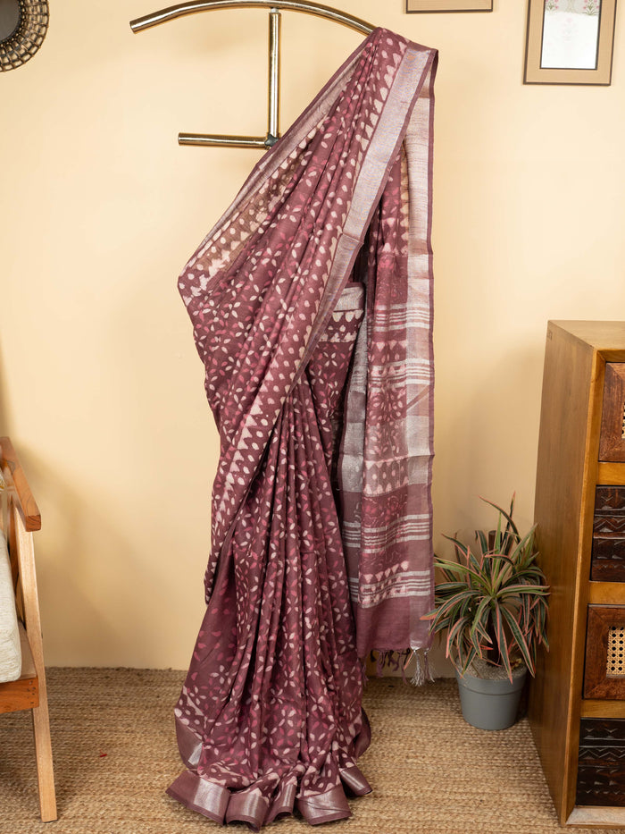 Wine Cotton Block Printed Saree