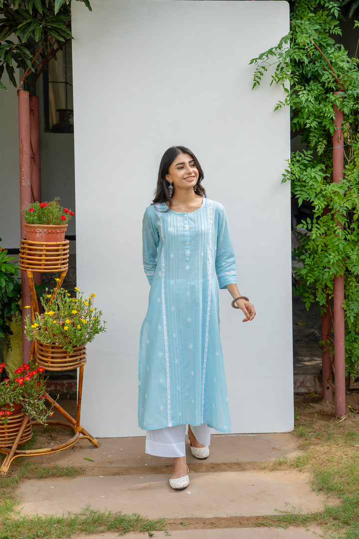 SkyBlue Cotton Handloom Kurta For Women's