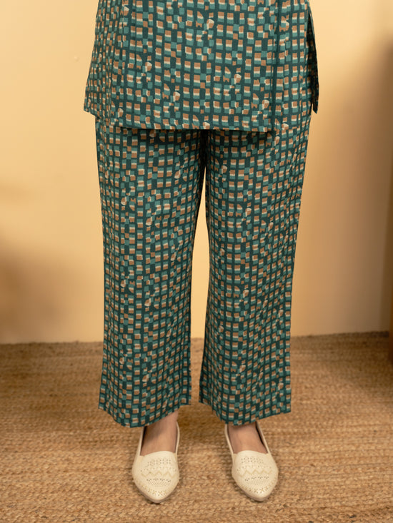 Sea Green Cotton Round With V Neck Abstract Print Lounge Wear