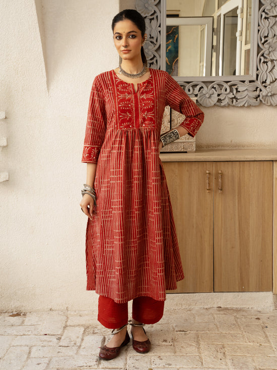 Red Colour Cotton Hand Block Print With Natural Dyes Kurta For Women's