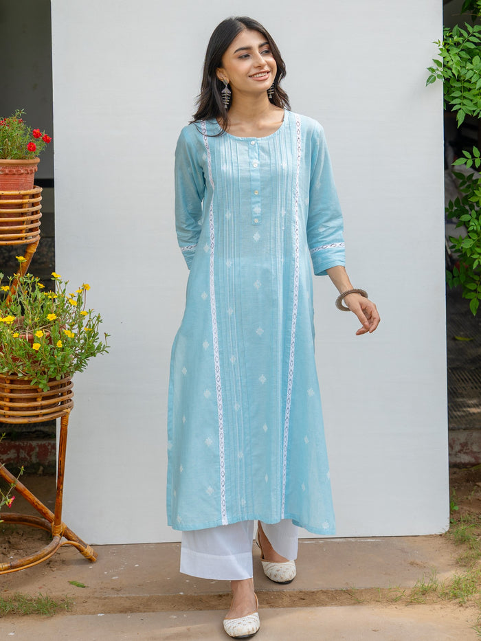 SkyBlue Cotton Handloom Kurta For Women's