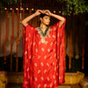 Red Cupro Silk V-Neck Kaftan For Women's