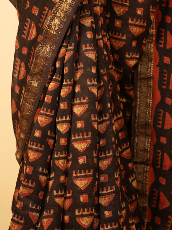 Black Color Chanderi Block Printed Saree