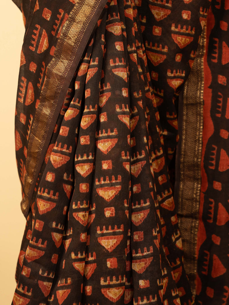 Black Color Chanderi Block Printed Saree