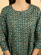 Sea Green Cotton Round With V Neck Abstract Print Lounge Wear
