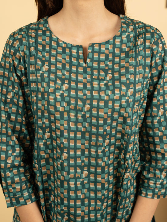 Sea Green Cotton Round With V Neck Abstract Print Lounge Wear