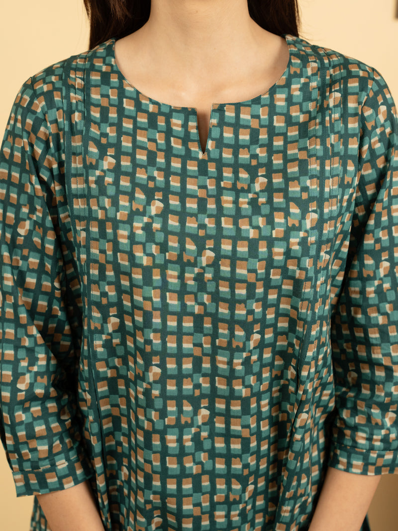 Sea Green Cotton Round With V Neck Abstract Print Lounge Wear