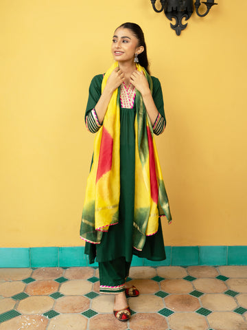 Green Cotton Dobby V-Neck Complete Suit Set For Women's