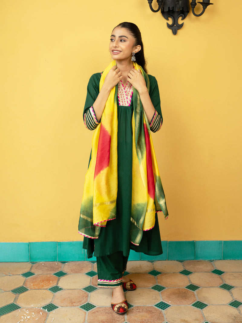 Green Cotton Dobby V-Neck Complete Suit Set For Women's