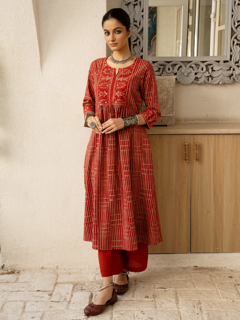 Red Colour Cotton Hand Block Print With Natural Dyes Kurta For Women's