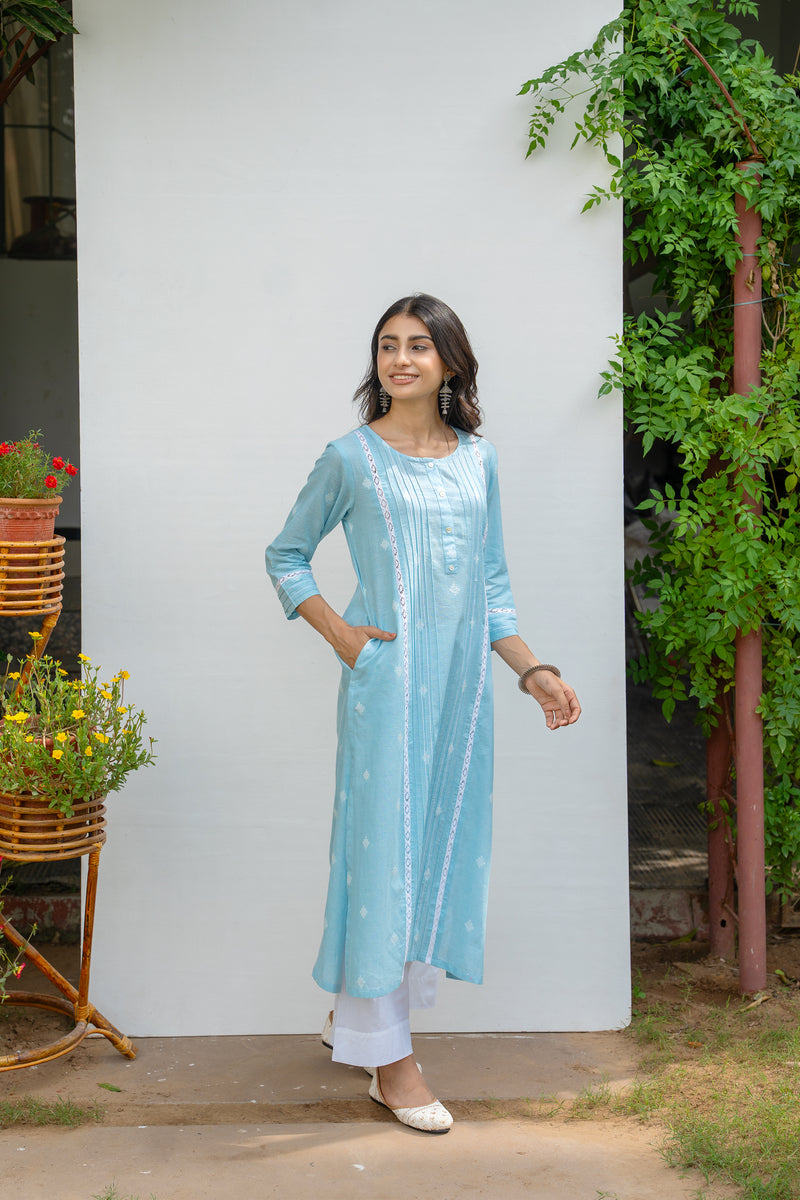 SkyBlue Cotton Handloom Kurta For Women's