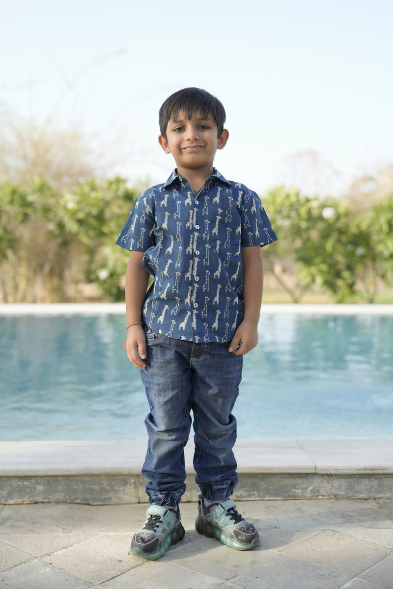 Blue Cotton Printed Shirt For Boys