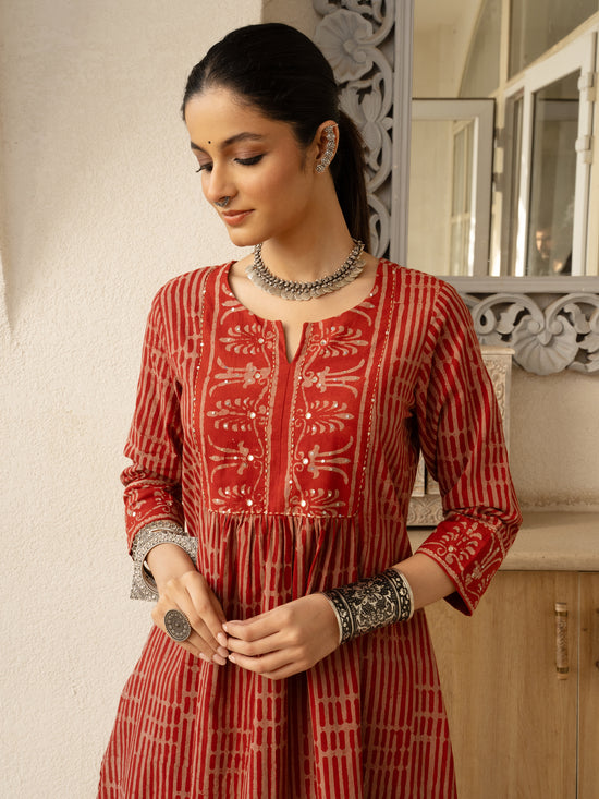 Red Colour Cotton Hand Block Print With Natural Dyes Kurta For Women's