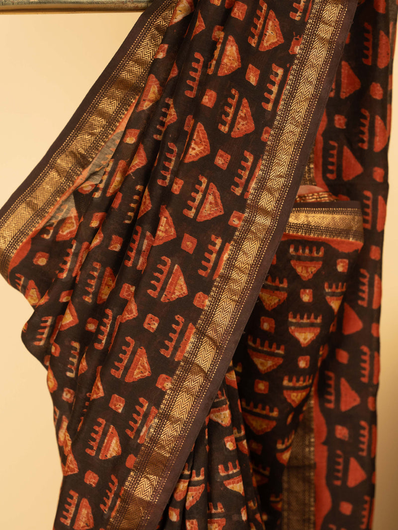 Black Color Chanderi Block Printed Saree