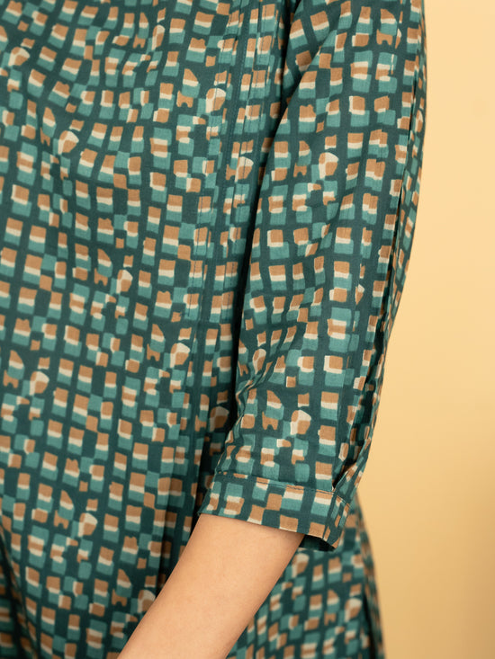 Sea Green Cotton Round With V Neck Abstract Print Lounge Wear