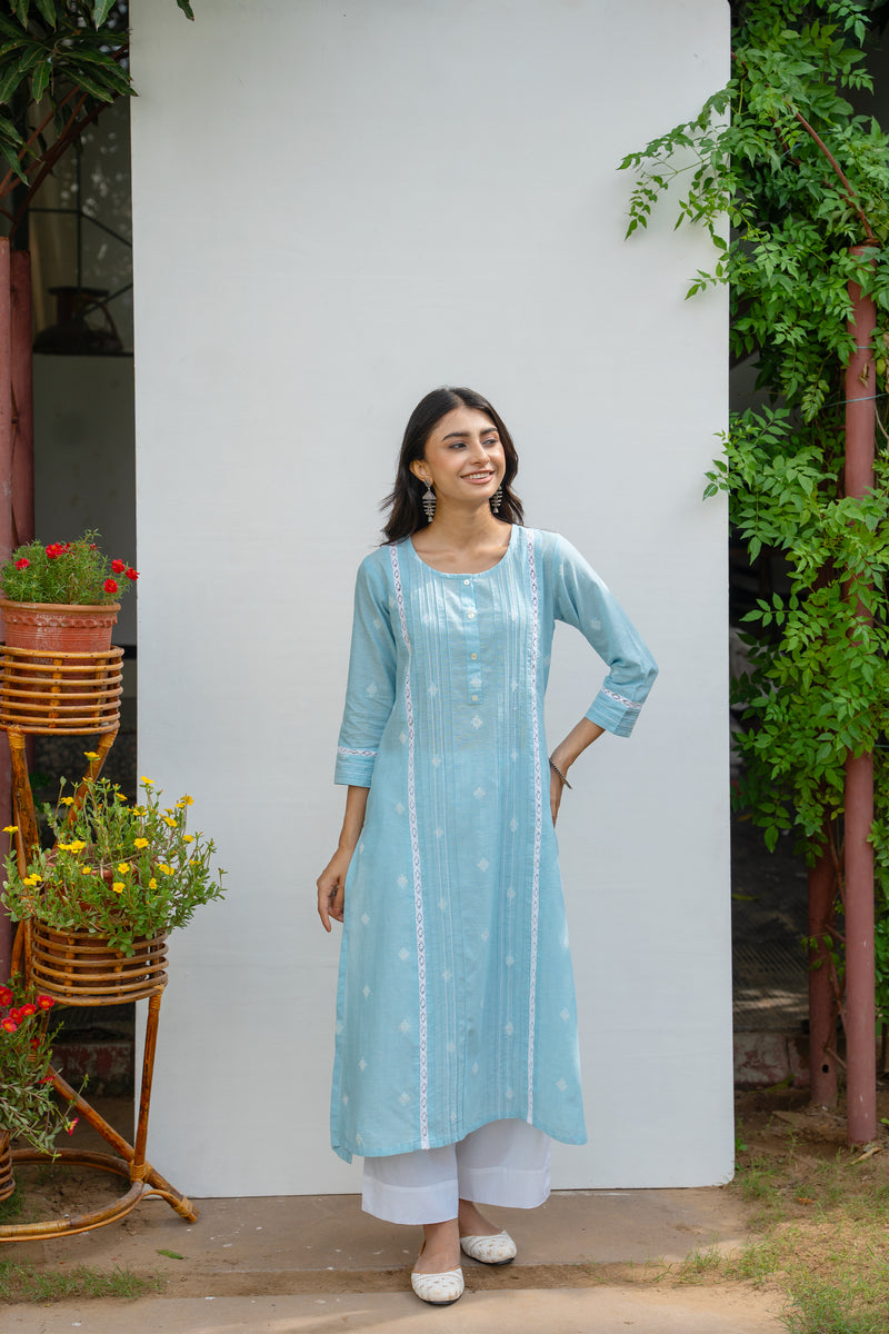 SkyBlue Cotton Handloom Kurta For Women's