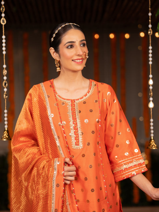 Fanta Orange Banarasi Silk Round Neck Complete Suit Set For Women's