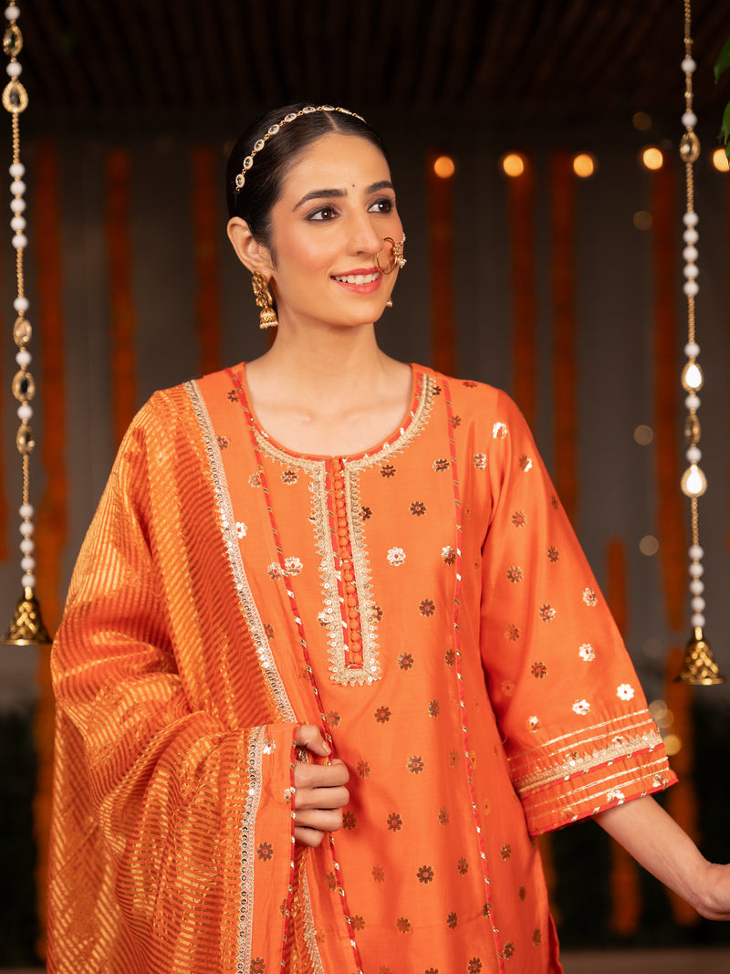 Fanta Orange Banarasi Silk Round Neck Complete Suit Set For Women's