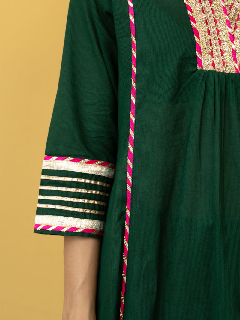 Green Cotton Dobby V-Neck Complete Suit Set For Women's