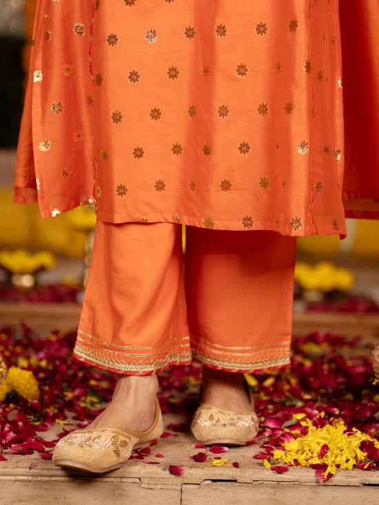 Fanta Orange Banarasi Silk Round Neck Complete Suit Set For Women's