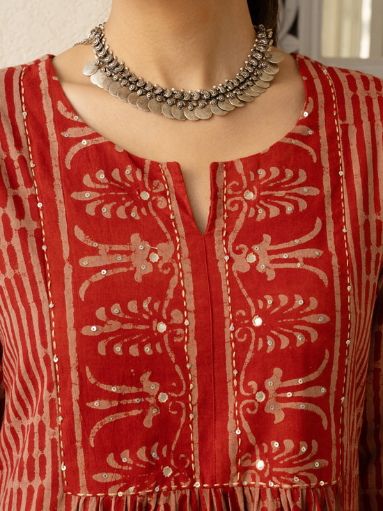 Red Colour Cotton Hand Block Print With Natural Dyes Kurta For Women's