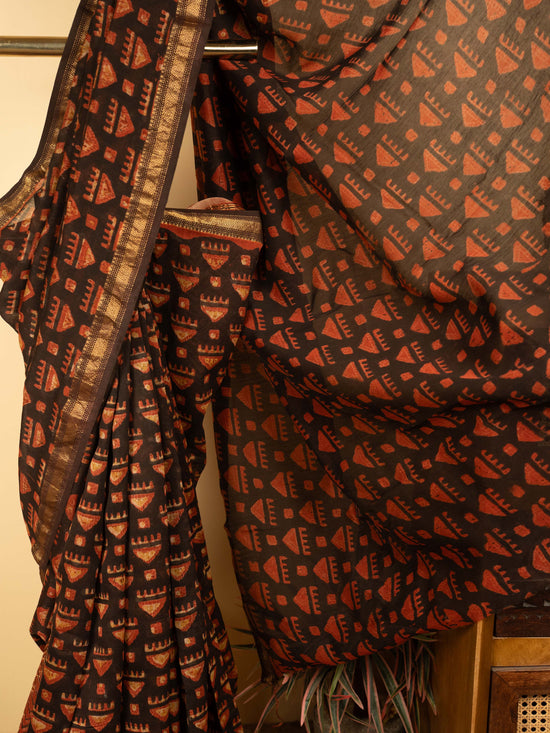 Black Color Chanderi Block Printed Saree