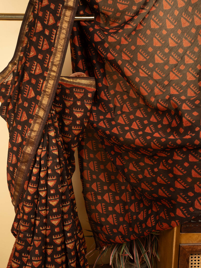 Black Color Chanderi Block Printed Saree