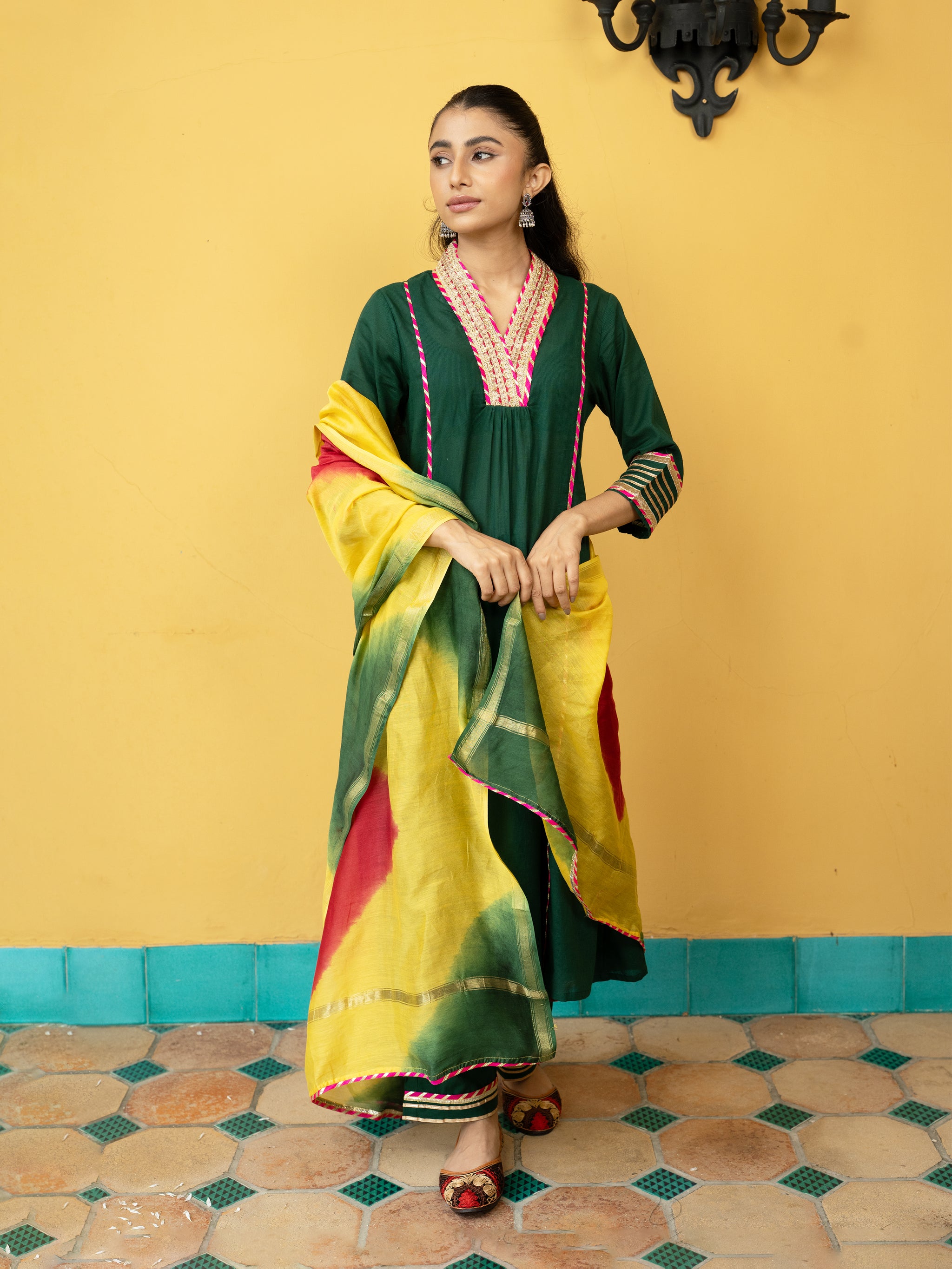Green Cotton Dobby V-Neck Complete Suit Set For Women's