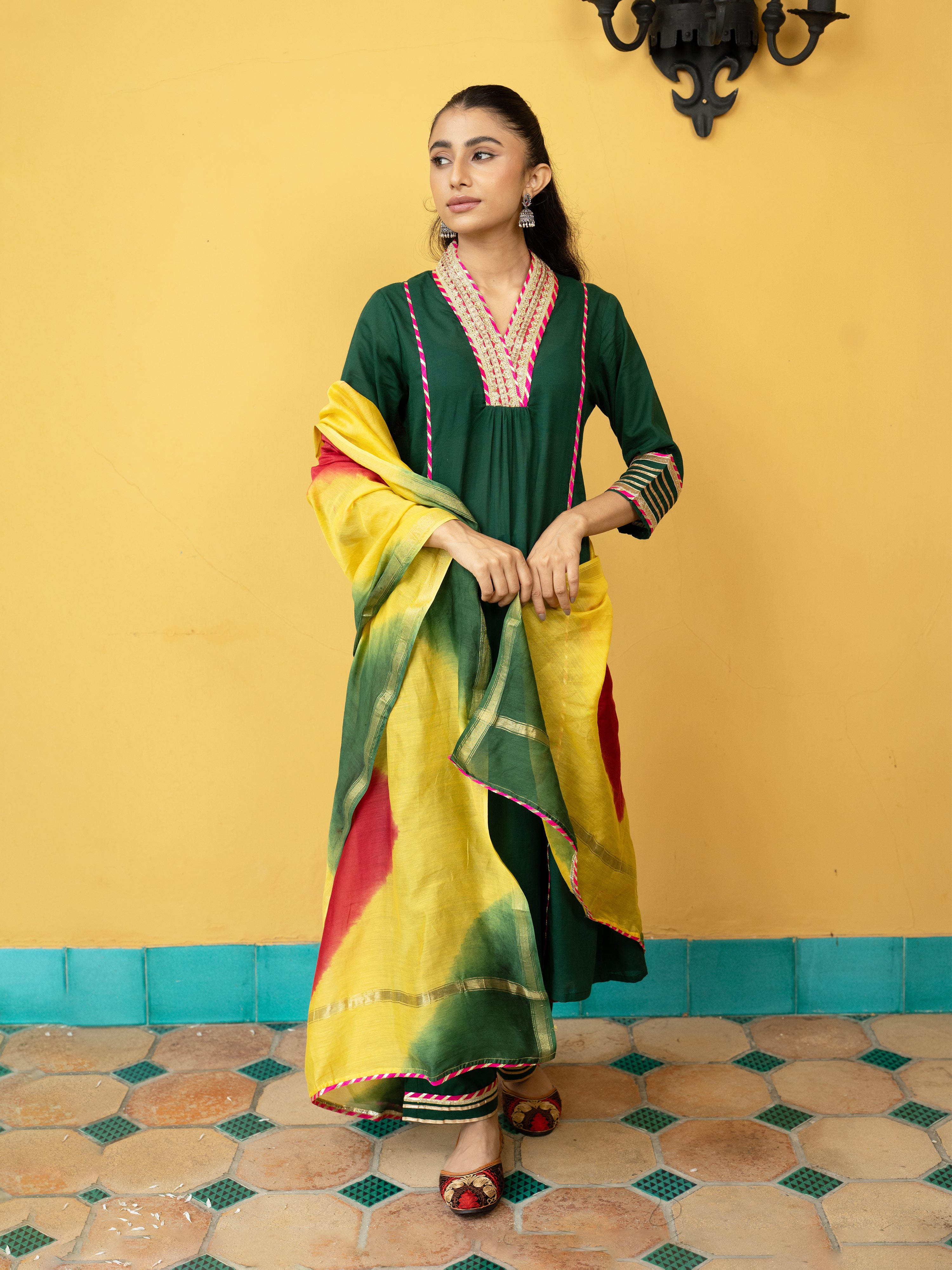 Green Cotton Dobby V-Neck Complete Suit Set For Women's