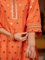 Fanta Orange Banarasi Silk Round Neck Complete Suit Set For Women's