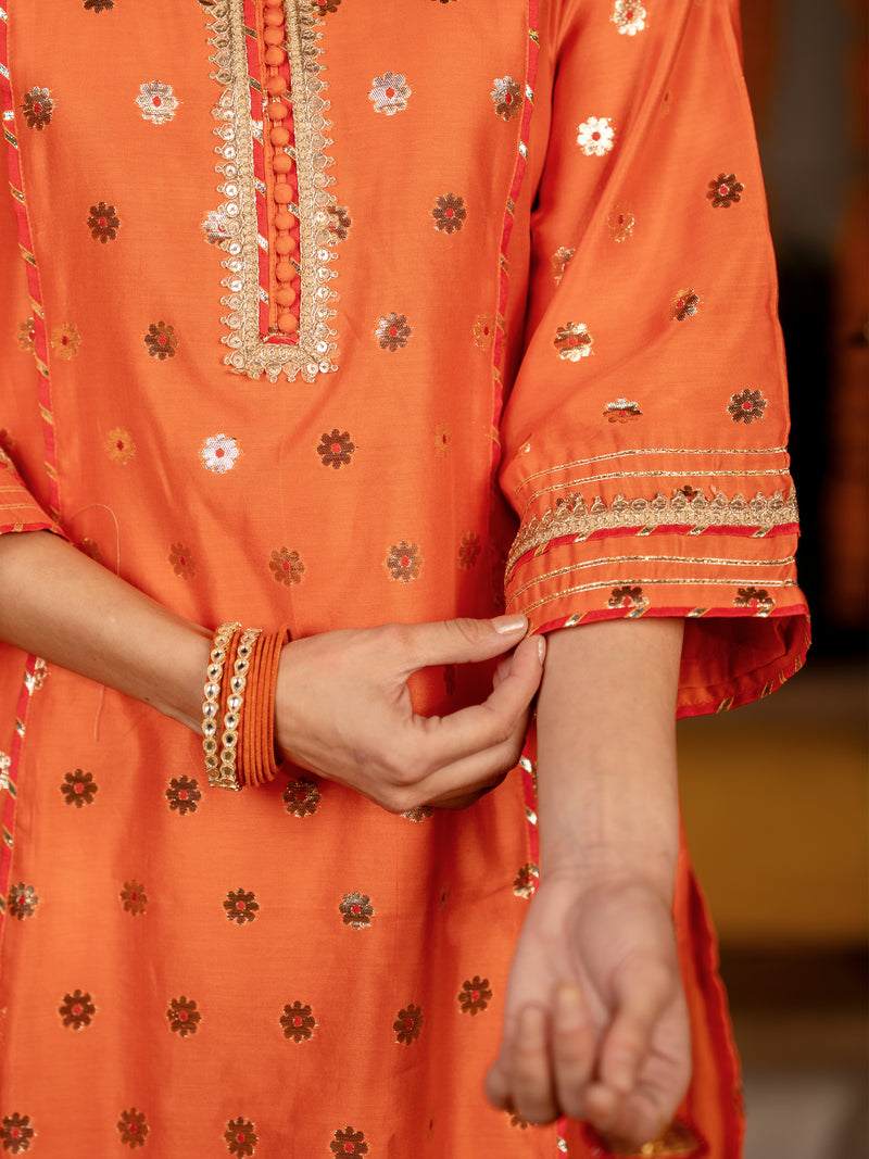 Fanta Orange Banarasi Silk Round Neck Complete Suit Set For Women's