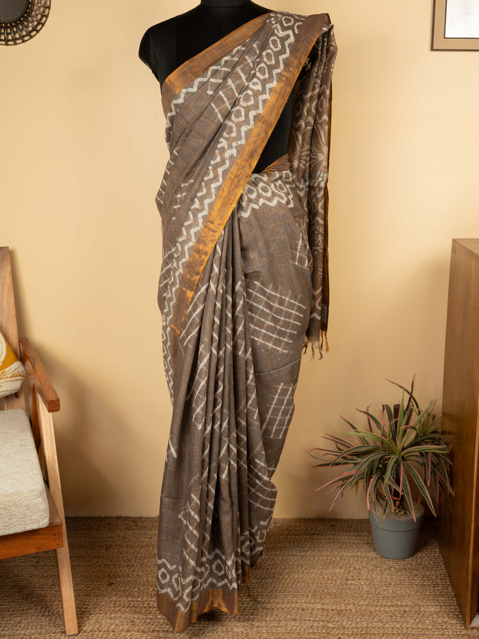 Cocoa Beige Cotton Block Printed Saree