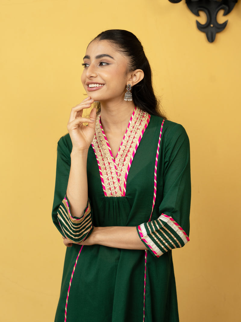 Green Cotton Dobby V-Neck Complete Suit Set For Women's